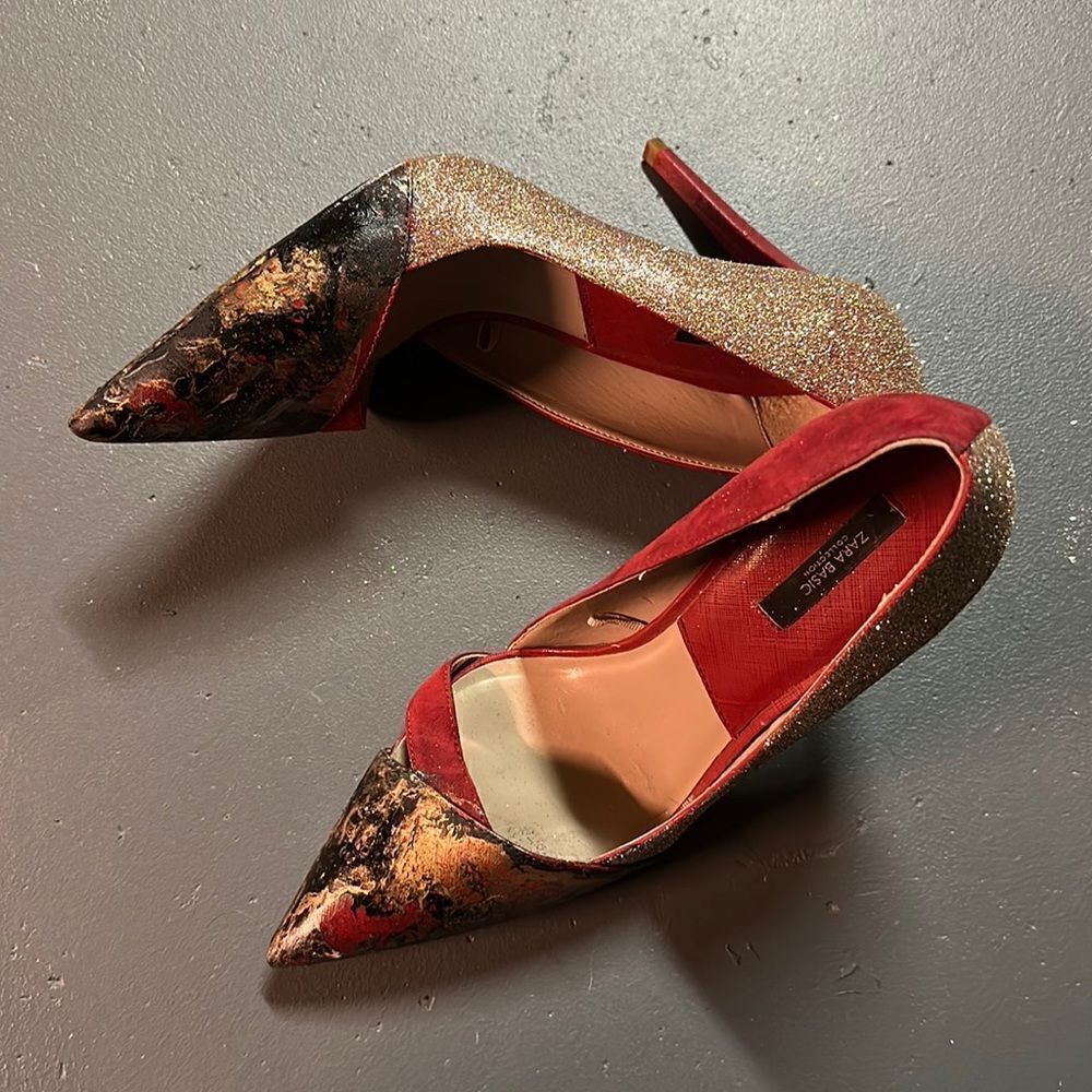 Size 41 (9) Custom Upcycled Red + Gold Glitter Zara Stilettos